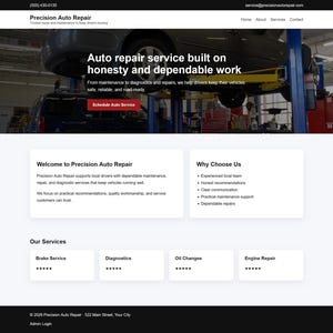 Può includere: Screenshot del sito web Precision Auto Repair. L'intestazione include il nome dell'azienda, il numero di telefono e l'e-mail. Il sito evidenzia i servizi di riparazione auto, tra cui servizio freni, diagnostica, cambi d'olio e riparazione del motore. Il sito promuove l'onestà e il lavoro affidabile.