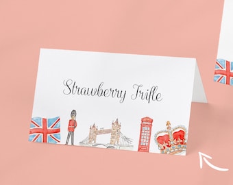 London Party Food-Etiketten, bearbeitbare britische Tischkarten, digitaler Download