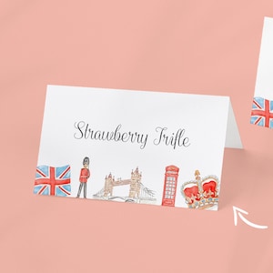 Etiquetas editables de comida para fiestas temáticas de Londres, tarjetas de lugar, tarjetas de buffet imprimibles británicas, suministros de decoración de té de la tarde, fiesta del té de Inglaterra