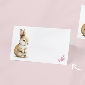 Cartões de lugar do coelhinho ou etiquetas de comida, talheres de coelho para impressão, cartões de nome personalizados, suprimentos para festas de primavera, colocações de mesa personalizadas