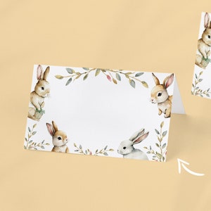 Segnaposto stampabile coniglietto coniglio, modello di etichetta alimentare floreale, stoviglie per baby shower, posizionamento nome personalizzato, forniture per feste di coniglio carino
