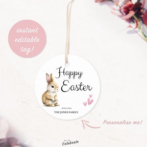 Editable Easter Round Gift Tag, template for personalised Easter bunny and hearts labels, Easter gift decor 2024, Easter gift wrap tags