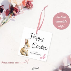 Editable Easter Square Gift Tag, template for personalizable Easter bunny and hearts labels, Easter decor 2024, 3 x 3 and 2 x 2 inch tags