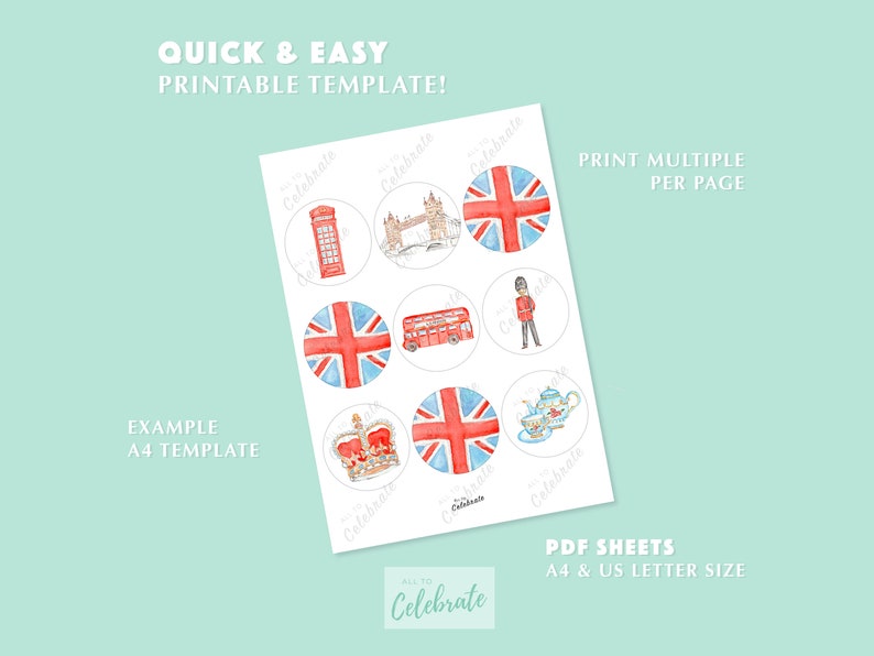 London Cupcake Toppers, Printable Cake Decorations, English Tea Party