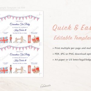 London Party Invitation Template with London themed watercolour border and Union Jack bunting. Editable text to personalise your own Birthday Tea Party event. Simple and easy to use Corjl template. Printable invites for English Tea Party