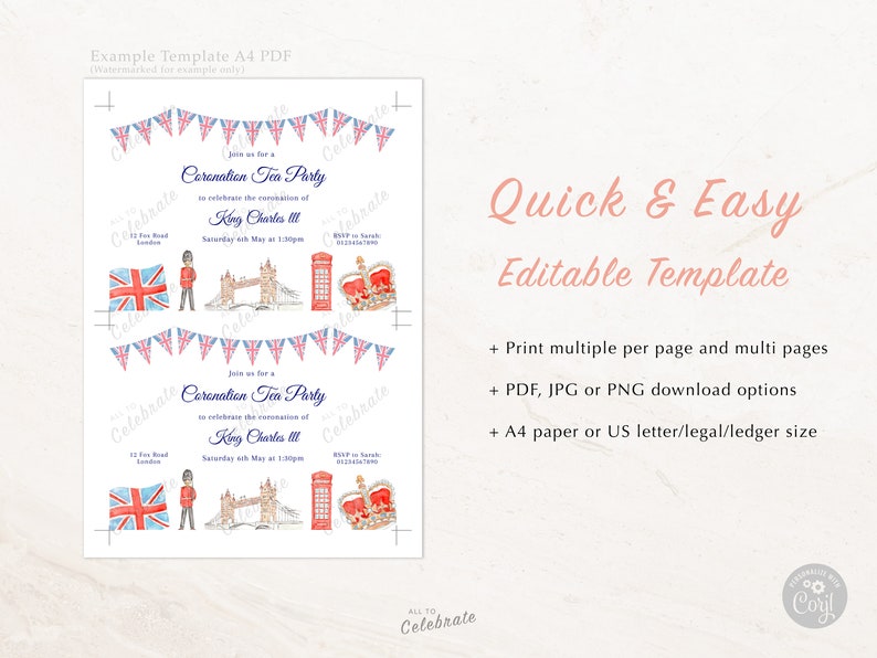London Party Invitation Template with London themed watercolour border and Union Jack bunting. Editable text to personalise your own Birthday Tea Party event. Simple and easy to use Corjl template. Printable invites for English Tea Party