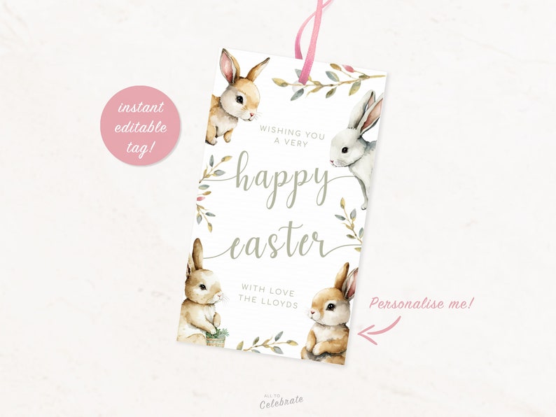 Editable Easter Gift Tag: Watercolor Rabbit Design (digital Download ...