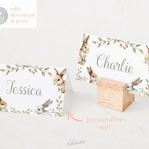 Tarjeta de lugar temática de conejito lindo o etiquetas de alimentos, vajilla editable para baby shower, tarjeta de nombre personalizada, suministros de conejo de primavera, colocación de mesa
