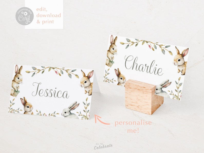 Cute Bunny Themed Place Card or Food Labels Editable Baby Shower Tableware Personalised Name Card Spring Rabbit Supplies