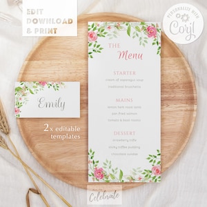 Menu e segnaposto a tema floreale modificabili Modello di etichette alimentari floreali Stoviglie floreali Carta menu verde Forniture per la festa della mamma Compleanno