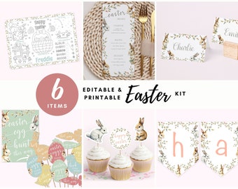 Easter Bunny Party Kit: Editable Menu, Bunting, Egg Hunt (Digital Download)