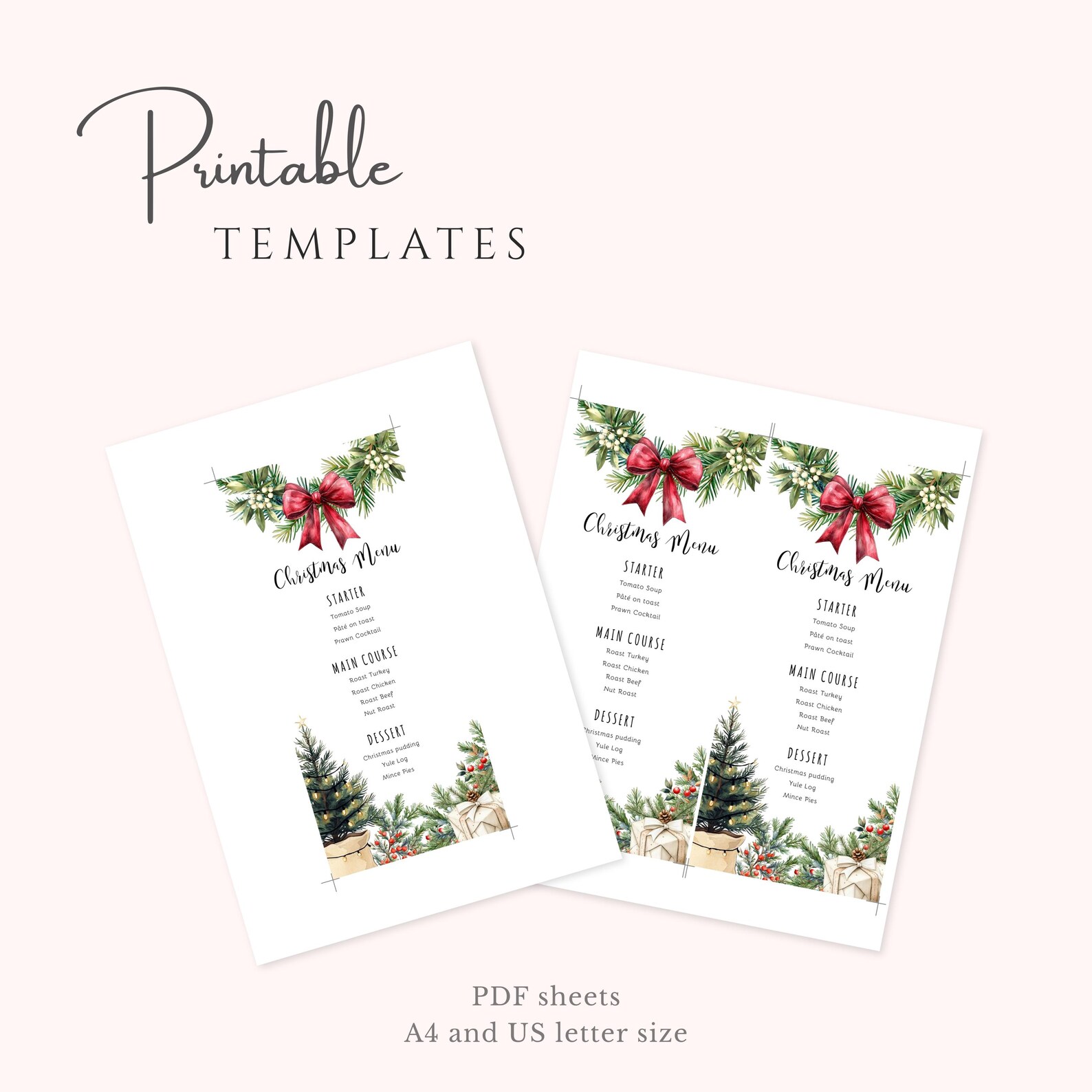 Christmas Party Menu and Place Cards, Editable Xmas Name Tags and Food ...