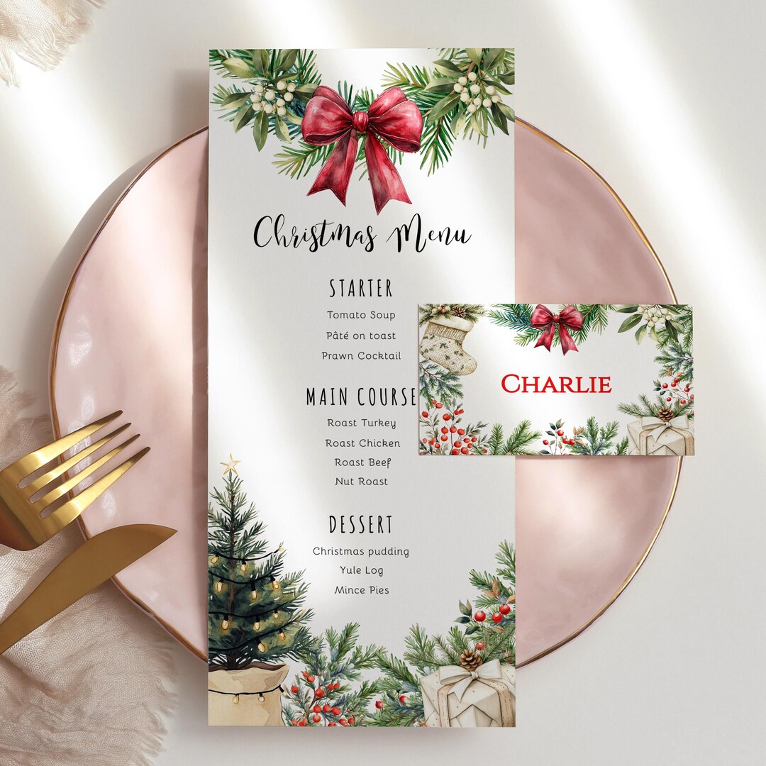 Christmas Party Menu and Place Cards, Editable Xmas Name Tags and Food ...