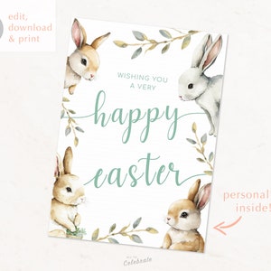 Carte de joyeuses Pâques personnalisable sur le thème du lapin de Pâques, modèle modifiable de carte de voeux de Pâques pour un cadeau personnalisé, fournitures de Pâques 2024