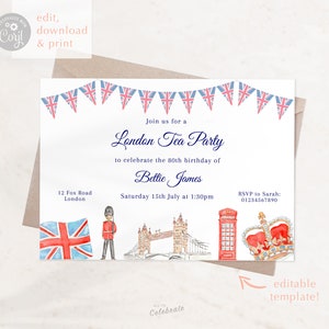 London Party Invitation Template with London themed watercolour border and Union Jack bunting. Editable text to personalise your own Birthday Tea Party event. Simple and easy to use Corjl template. Printable invites for English Tea Party.