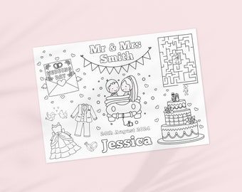 May include: A black and white coloring page with a wedding theme. It features a bride and groom in a car, a wedding cake, a wedding invitation, a maze, and a dress and suit. The text on the page reads "Mr. & Mrs. Smith", "Wedding Day", and "24th August 2024 Jessica".