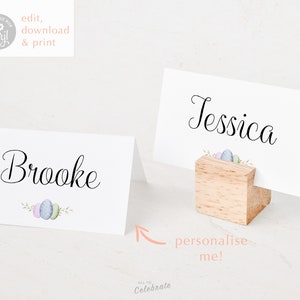 Cartes de nom de lieu de thème de Pâques modifiables, étiquettes de nourriture de Pâques, vaisselle de Pâques, téléchargement instantané, étiquettes de nom personnalisées, Pâques 2024