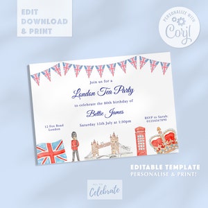 Editable London Themed Invitation Template, Printable Invitation London Party, Afternoon Tea Party Invite supplies, London 2024