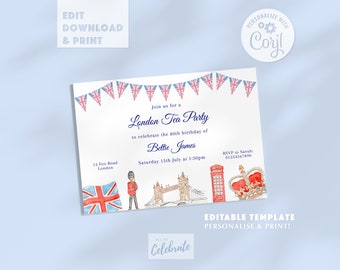 London Tea Party Einladung: Bearbeitbare Vorlage (Digitaler Download)