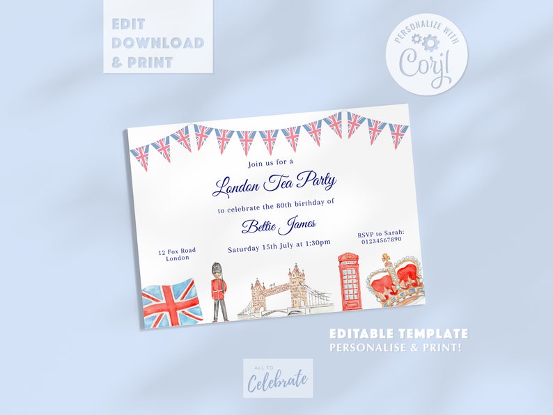 London Party Invitation Template with London themed watercolour border and Union Jack bunting. Editable text to personalise your own Birthday Tea Party event. Simple and easy to use Corjl template. Printable invites for English Tea Party