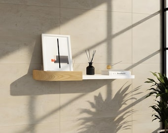 Floating shelf wall mounted, curved design wooden shelves in white, black, oak or walnut, modern bookshelf for books, plants and decor