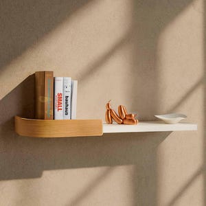 Floating shelf wall mounted, curved design wooden shelves in white, black, oak or walnut, modern bookshelf for books, plants and decor