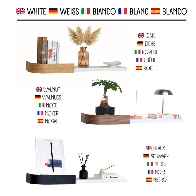 May include: A display of modern floating shelves in white, oak, and walnut finishes, each with decorative items. The shelves showcase books, plants, and a small lamp, with text labels for color and wood type.