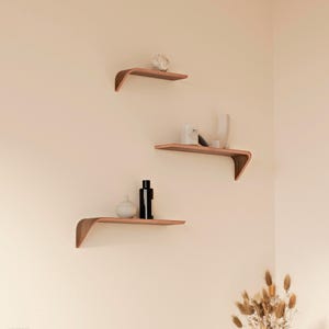 Designer wall shelves – set of 3 floating wood shelves in oak and walnut – modern style for elegant home decor