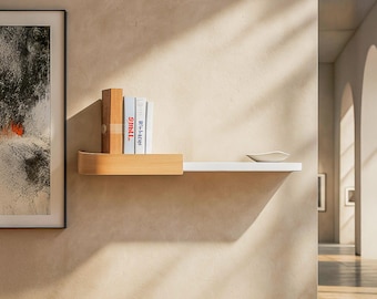 Floating shelf wall mounted, curved design wooden shelves in white, black, oak or walnut, modern bookshelf for books, plants and decor