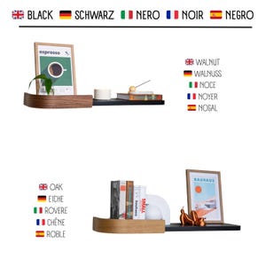 May include: Two-tiered floating shelves in walnut and black. The top shelf displays a framed "espresso" print, a small plant, and a white candle. The bottom shelf holds books and a framed "Bauhaus" print.