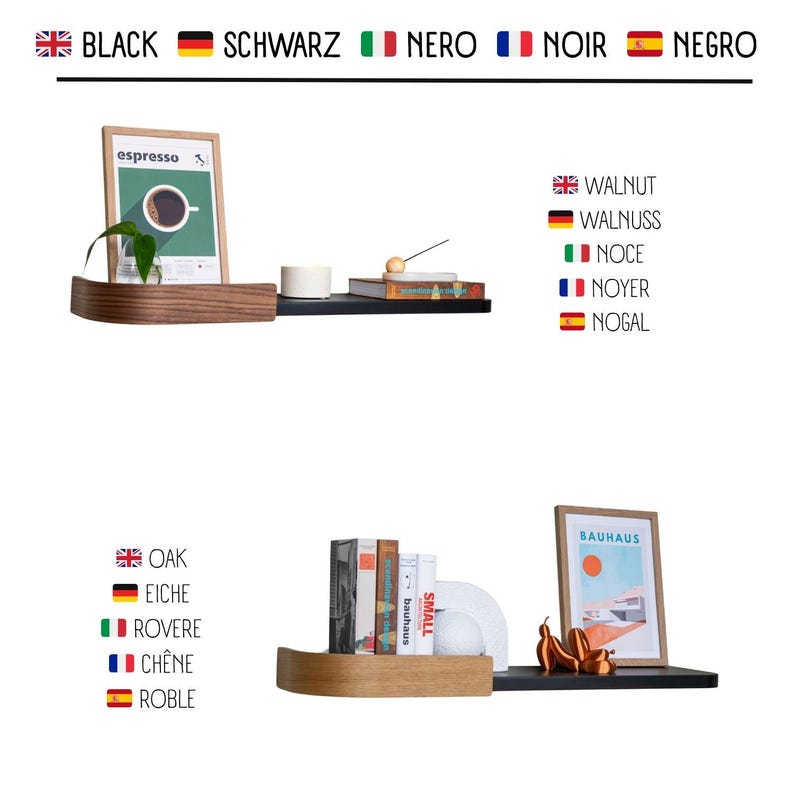 May include: Two-tiered floating shelves in walnut and black. The top shelf displays a framed "espresso" print, a small plant, and a white candle. The bottom shelf holds books and a framed "Bauhaus" print.