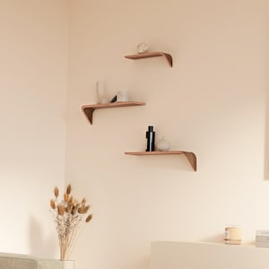 Designer wall shelves – set of 3 floating wood shelves in oak and walnut – modern style for elegant home decor