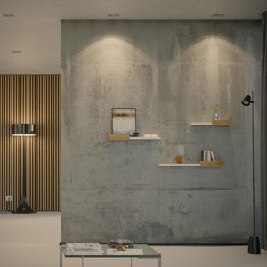 May include: An interior design scene featuring a modern aesthetic. A concrete wall displays three floating shelves with decorative items. A black floor lamp and a table with magazines and decor are in the foreground. A wooden slatted wall is on the left.