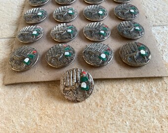Four vintage metal buttons with fairy tale motif - Little Red Riding Hood