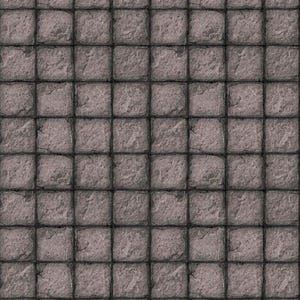 May include: A repeating pattern of square stone tiles, each with a textured surface. The tiles are a greyish-brown hue, separated by dark grey grout lines. The design creates a weathered, aged look, ideal for backgrounds.