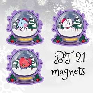BTS Christmas members magnets, k- pop magnets for Christmas , OT7 gift magnets, snow globe BT 21 characters fridge magnets, gifts ideas.