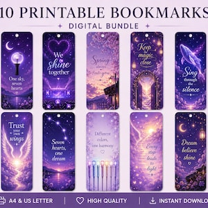 May include: A digital bundle of 10 printable bookmarks with dreamy, purple-toned illustrations. Each bookmark features inspirational quotes and imagery, including celestial bodies, landscapes, and motivational phrases. The text "10 Printable Bookmarks" is at the top.