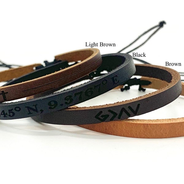 Adjustable Thin Personalized Leather Bracelet for Men and Women Unisex Leather Anniversary Gifts Bride and Groom Christmas Custom Bracelets