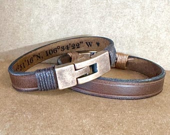 Secret Message Leather Bracelet, Custom Coordinates Anniversary Gift