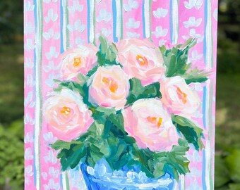 Floral Bouquet 16x20” Original Painting Unframed, Colorful Vase Painting, Pink Flowers Bouquet, Blue and Pink Painting, stripes artwork