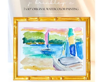 7x10” Original Coastal Beach Catamaran Watercolor Painting on Paper, UnFramed