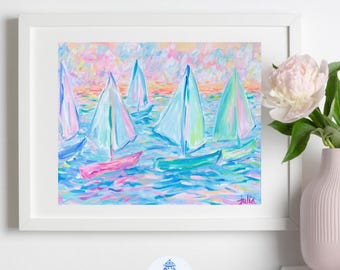 Colorful Sails Original Art PRINT, sailboat painting, Pink art, Yacht Art, ocean paintings, colorful sailing artwork, beach house art PRINT