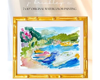 7x10” Original Coastal Marina Watercolor Painting on Paper, UnFramed