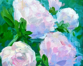 Rosy Afternoon 8x10” Original Painting Unframed, White Rose Painting, White Floral Artwork, White Peony Painting, Garden Art, Garden Artwork