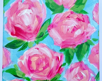 Original 6x6” Painting Roses + Blue, Colorful shelf decor, Preppy Art, abstract floral art, floral tabletop art, colorful office decor