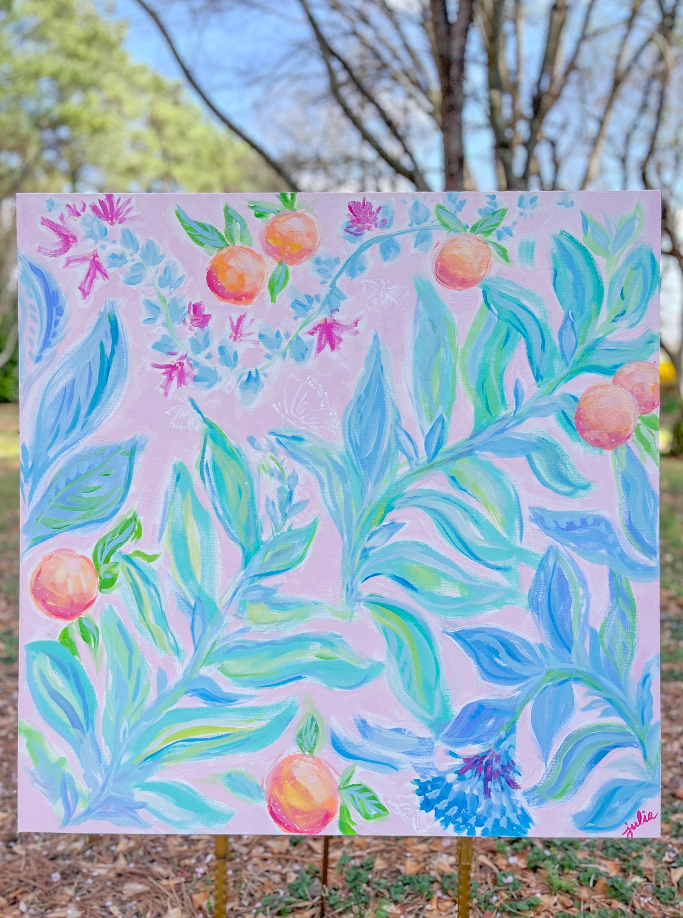 36x36 Fruit + Floral Abstract Original Artwork, vibrant abstract painting, pink and orange abstract painting, large contemporary wall Art