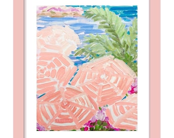 8x10 “Peach Palm Beach” Original acrylic Painting, Coastal Vacation artwork, Contemporary Coastal Paintings, Beach Umbrella Artwork