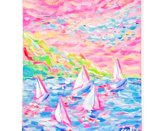 Colorful Sails Original Art PRINT, sailboat painting, Pink art, Yacht Art, ocean paintings, colorful sailing artwork, beach house art PRINT