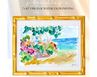 7x10” Original Coastal Pink Floral Beach Watercolor Painting on Paper, UnFramed