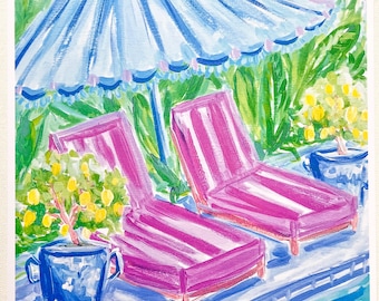 Blue Umbrella PRINT on paper Unframed, colorful wall art, preppy colorful art prints, colorful abstract wall prints, beach umbrella art